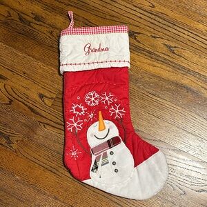 Quilted Snowman Embroidered Grandma Holiday Stocking Red and White